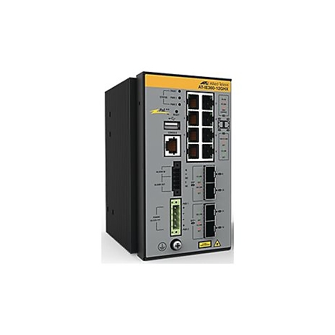 Ein graues Netzwerkgerät mit gelben Akzenten, Anschlüssen und Anzeigen. Aufschrift: AT-IE360-12GHX.