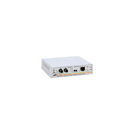 Ein silberner Fast Ethernet Medienkonverter mit Anschlüssen und Anzeigen.
