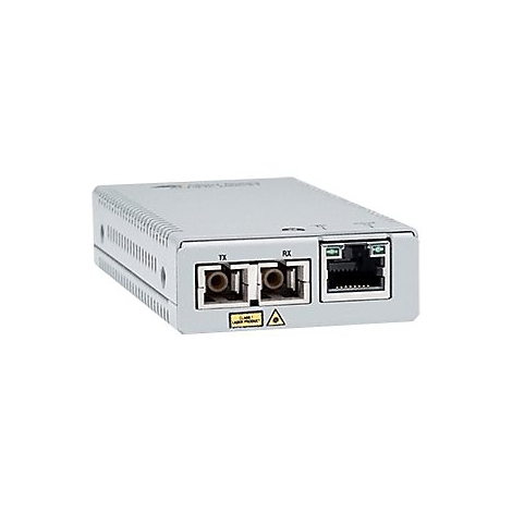 Ein silbernes Netzwerkgerät mit Anschlüssen für Glasfaser und Ethernet. Beschriftungen: TX, RX, Klasse 1 Laser Produkt.