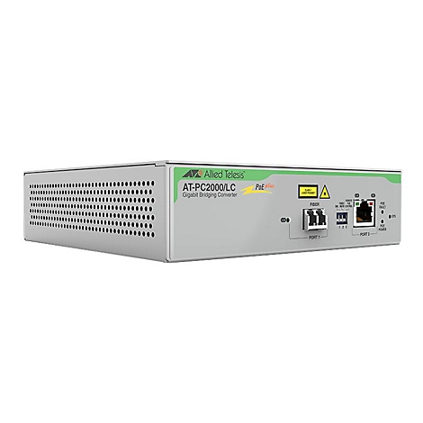 Grau-grüner Gigabit-Bridging-Konverter mit Bezeichnung AT-PC2000/LC. Auf der Vorderseite befindet sich das Allied Telesis Logo.