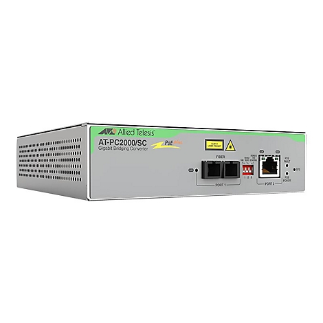 Ein graues Netzwerkgerät mit Schriftzügen wie Allied Telesis, AT-PC2000/SC, und PoE. Es hat Ports, darunter Fiber und Port 1 und 2.