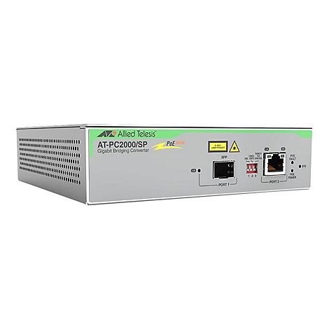 Un convertisseur Gigabit Bridging gris d'Allied Telesis. Les fonctionnalités avant incluent des ports, notamment SFP et les ports 1 et 2.