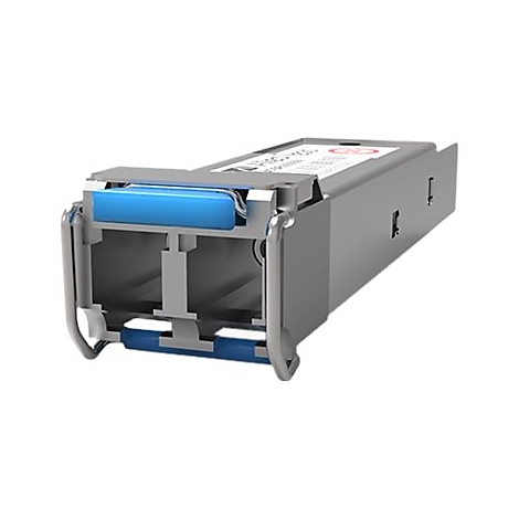 Metallisches elektronisches Bauteil mit blauen Akzenten, Beschriftung auf der Oberseite.