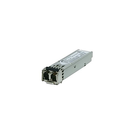 Ein silberner SFP-Transceiver mit schwarzer Schutzabdeckung und Aufklebern.