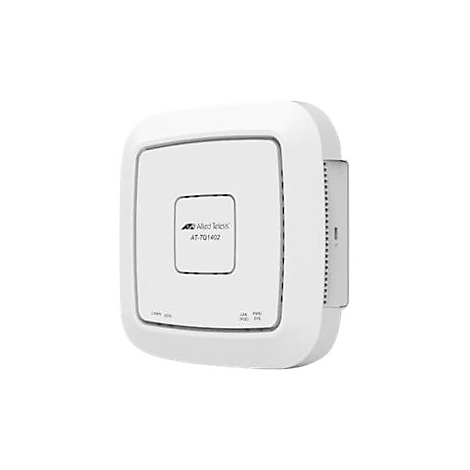 Draufsicht auf einen weißen Allied Telesis AT-TQ1402 Wireless Access Point. Das Gerät hat eine rechteckige Form mit abgerundeten Ecken und einer rechteckigen Aussparung in der Mitte.