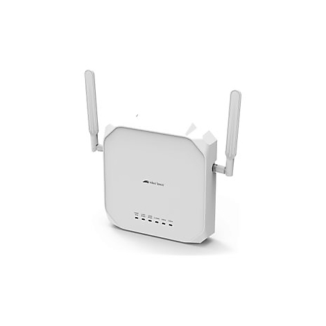 Weißer WLAN-Router mit zwei Antennen, vor weißem Hintergrund. Der Router hat ein Logo und Kontrollleuchten.