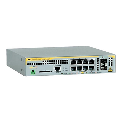 Allied Telesis x230-10GP Netzwerk-Switch in Grau mit acht PoE-Ports und zwei SFP-Anschlüssen vor weißem Hintergrund.