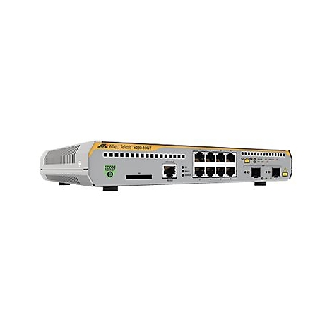 Allied Telesis x230-10GT Netzwerk-Switch mit grauer Frontblende, gelbem Akzent und diversen LAN-Anschlüssen.