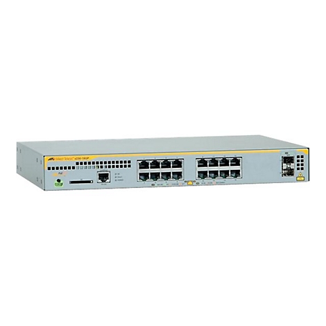 Allied Telesis x230-18GP Netzwerk-Switch in grau mit zahlreichen LAN-Anschlüssen vor weißem Hintergrund.