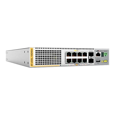 Ein grauer Netzwerk-Switch mit Ports und Anschlüssen. Auf der Vorderseite steht AT-x530L-10GHXm.