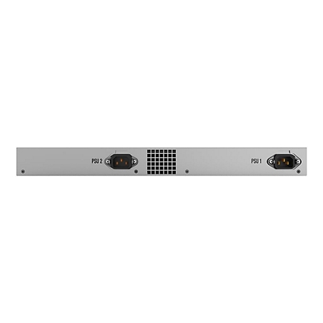 Graues elektronisches GerÃ¤t mit zwei Netzteilen, Beschriftung PSU 1 und PSU 2. In der Mitte ein quadratisches Raster.
