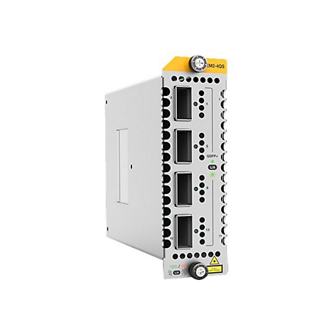 Netzwerk-Einschubkarte EM2-4QS mit vier QSFP-Ports und gelber Griffleiste vor weißem Hintergrund.