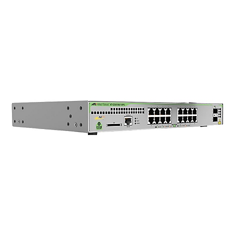 Commutateur réseau gris Allied Telesis AT-GS970M/18PS avec détails verts et nombreux ports.