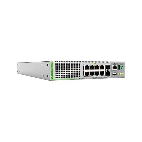 Ein grauer Netzwerk-Switch mit Ports und Anschlüssen. Aufschrift: AT-GS900MX/10H. Grüne Akzente.