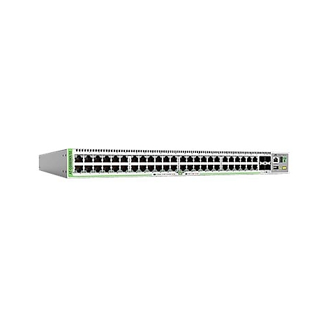 Ein grauer Netzwerk-Switch mit vielen AnschlÃ¼ssen. GrÃ¼ne Akzente, schwarze Ports, rechteckige Form.