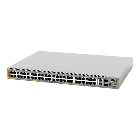 Grauer Netzwerk-Switch mit 48 Anschlüssen in flacher Gehäuseform vor weißem Hintergrund.