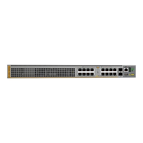 Ein Netzwerk-Switch mit vielen Anschlüssen, grauer Metallrahmen, schwarze und weiße Anschlüsse.