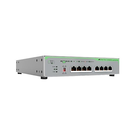 Grauer Router mit grünen Akzenten, acht Anschlüssen und LED-Anzeigen. Mit Produktbezeichnung.