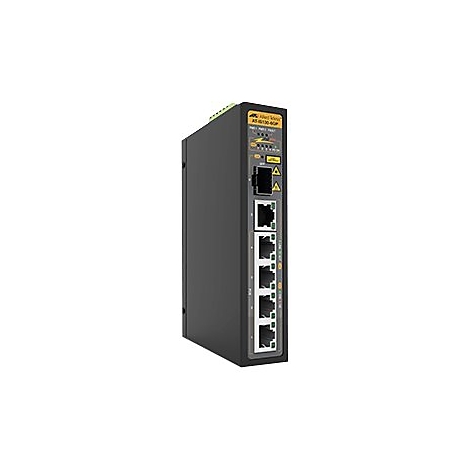 Schwarzer Netzwerk Switch mit gelben Akzenten, vielen Anschlüssen und Schriftzügen.
