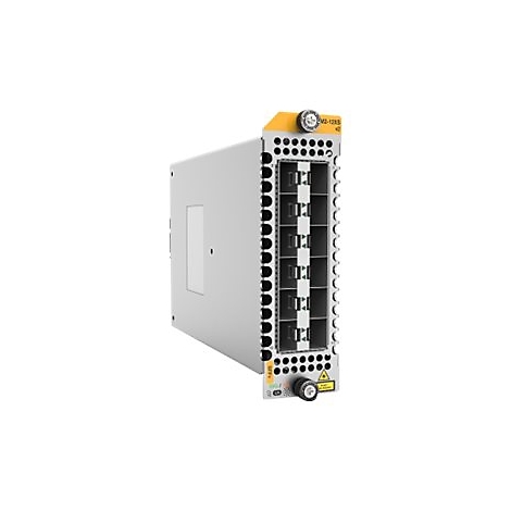 Technisches Einschubmodul mit gelber Oberseite, grauer Frontplatte und sechs quadratischen Steckplätzen für Glasfaser.