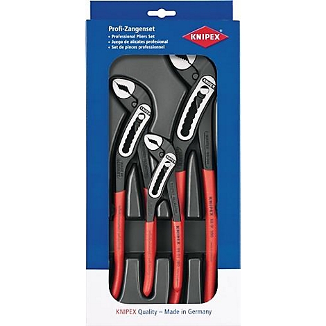 Een Knipex professionele tangenset in een blauwe verpakking. Zwarte tangen met rode handvatten liggen in een grijze plastic mal.