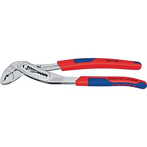 Knipex waterpomptang. Rode en blauwe handgrepen, zilverkleurige tang.