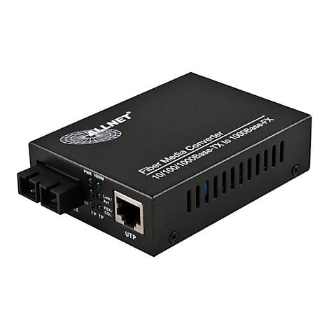 Schwarzer ALLNET Glasfaser-Medienkonverter mit RJ45- und LWL-Anschluss vor weißem Hintergrund.