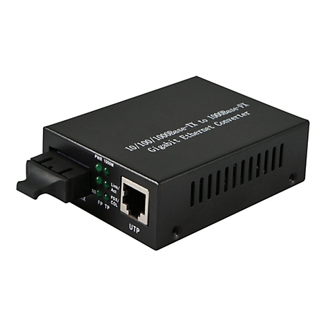 Schwarzer Gigabit Ethernet Konverter vor weißem Hintergrund mit Glasfaser- und RJ45-Anschluss.