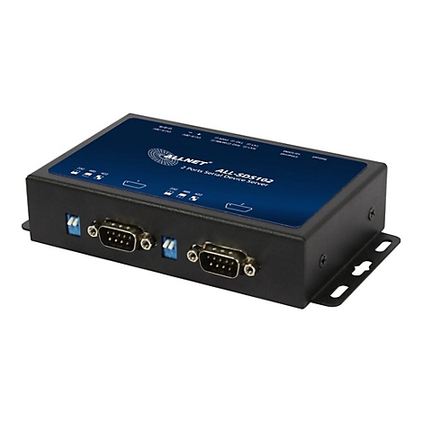 Schwarzer ALLNET ALL-SDS102 Serieller Device Server mit zwei seriellen Anschlüssen vor weißem Hintergrund.