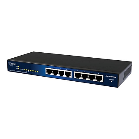 Schwarzer Allnet 8-Port Gigabit Ethernet Switch mit blauem Frontpanel und Status-LEDs auf weißem Grund.