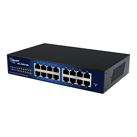 Schwarzer 16-Port Gigabit Ethernet Switch von ALLNET mit blauer Frontblende und LED-Statusanzeigen.