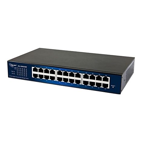 Schwarzer Allnet 24-Port Gigabit Ethernet Web Managed Switch in Frontalansicht vor weißem Hintergrund.