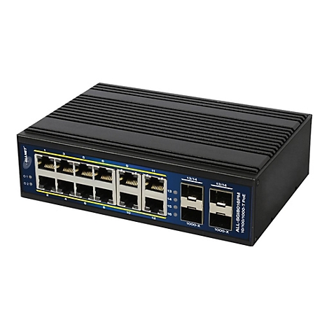 Schwarzer Allnet Netzwerk-Switch mit 16 Ports vor weißem Hintergrund.