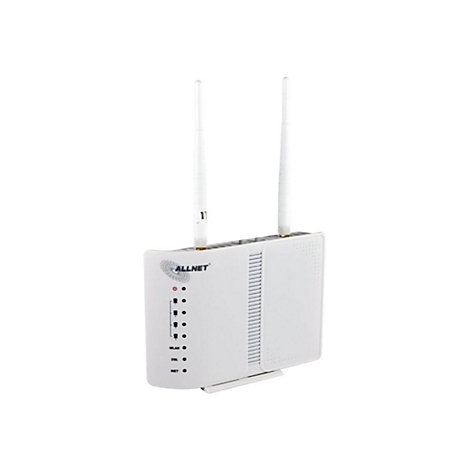 Weißer ALLNET WLAN-Router mit zwei Antennen und Status-LEDs auf der Vorderseite.
