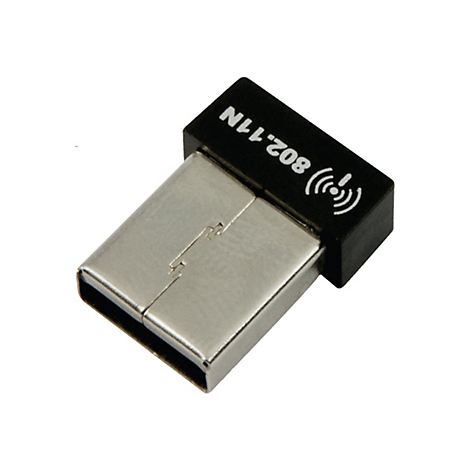 Kleiner schwarzer USB-WLAN-Adapter mit Aufschrift 802.11N und WLAN-Symbol auf weißem Hintergrund.