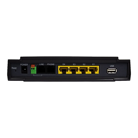 Rückseite eines schwarzen Routers mit Anschlüssen für Strom, Telefon, Ethernet und USB vor weißem Hintergrund.