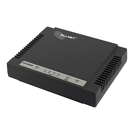 Schwarzer Allnet Router vor weißem Hintergrund mit LED-Anzeigen und Belüftungsschlitzen an den Seiten.