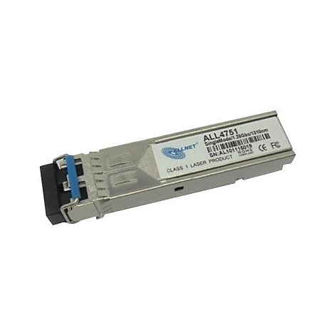 Ein silberner SFP-Transceiver vom Typ ALL4751 mit blauem Entriegelungshebel vor weißem Hintergrund.