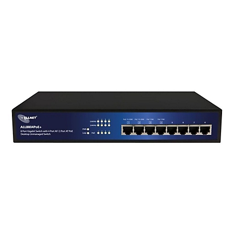 ALLNET 8-Port Gigabit PoE+ Switch in schwarzem Gehäuse mit blauer Frontplatte vor weißem Hintergrund.