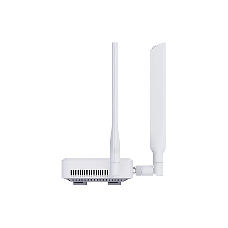 Seitenansicht eines weißen WLAN-Routers mit zwei vertikalen Antennen vor weißem Hintergrund.