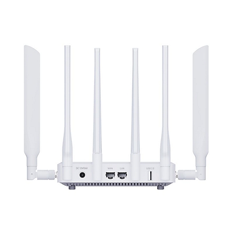 Rückseite eines weißen WLAN-Routers mit sechs Antennen, Stromanschluss sowie WAN-, LAN- und USB-Ports.