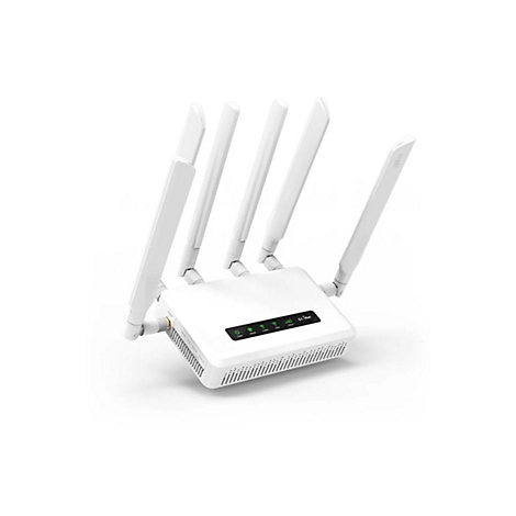 Weißer GL.iNet 5G-Router mit vier abstehenden Antennen auf weißem Hintergrund.