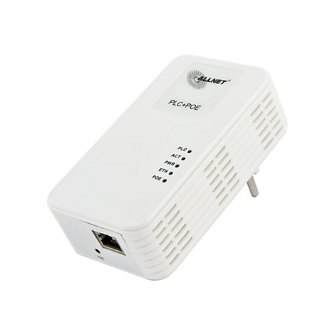 Weißer ALLNET Powerline-Adapter mit PoE-Anschluss, Status-LEDs und Stecker auf weißem Hintergrund.