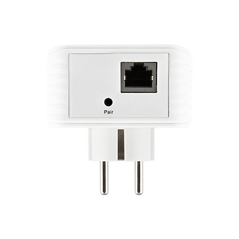 Weißer Powerline-Adapter mit einem Ethernet-Anschluss und einer Pair-Taste vor weißem Hintergrund.