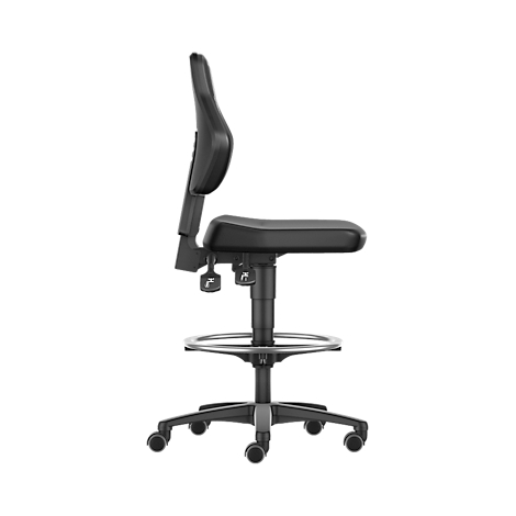Black office chair, side view. Backrest, seat, footrest and wheels are visible.