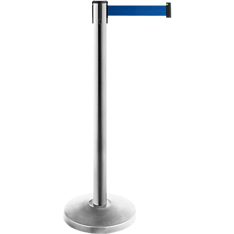 A silver stanchion with blue belt. The stanchion has a round base and a sleek pillar with belt.