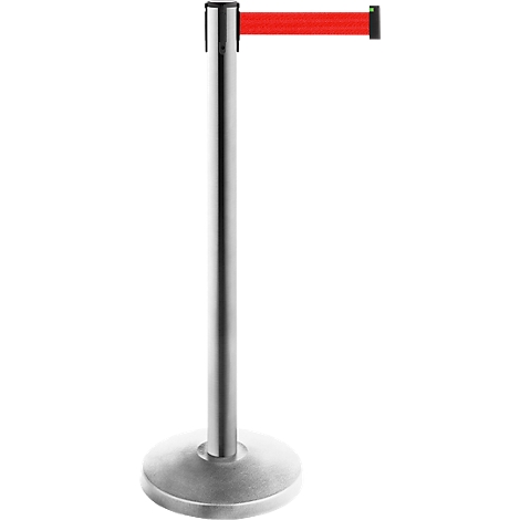 A silver stanchion with a red retractable belt extending horizontally.