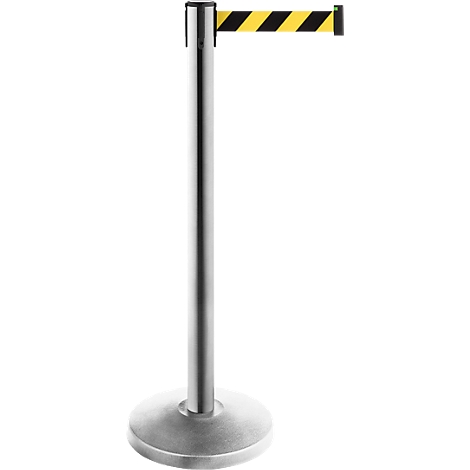 Queue barrier with silver base, pole, and black and yellow striped barrier tape.