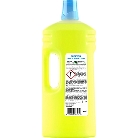 Gelbe Plastikflasche mit blauem Deckel und weißem Etikett inklusive Warnsymbol.