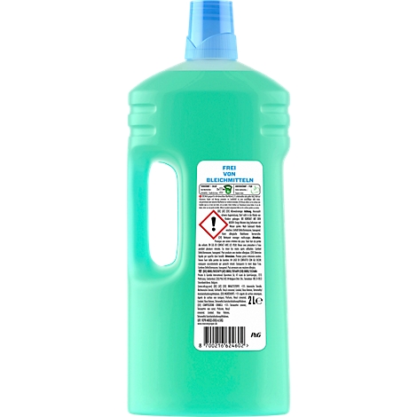 Rückseite einer grünen Reinigungsmittel-Flasche mit blauem Verschluss und detailliertem Etikett.